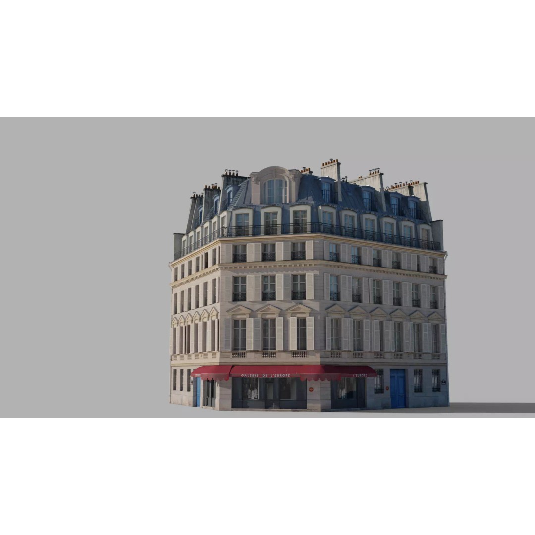 Parisian Corner Building 3D Model – Low Poly Game Ready, FBX - View 3