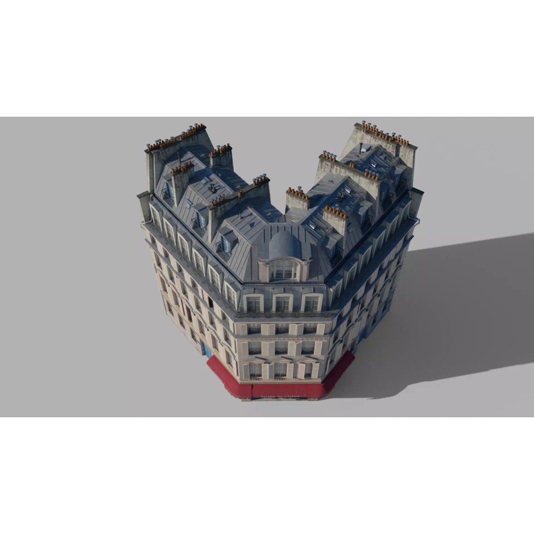 Parisian Corner Building 3D Model – Low Poly Game Ready, FBX - View 4