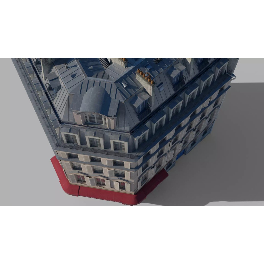 Parisian Corner Building 3D Model – Low Poly Game Ready, FBX - View 7