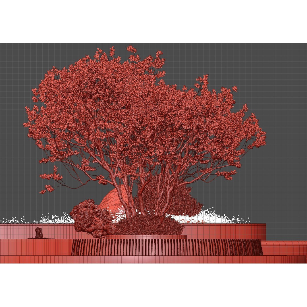 Landscaping Figure 3D Model – Waterfall Scene with Plants, FBX