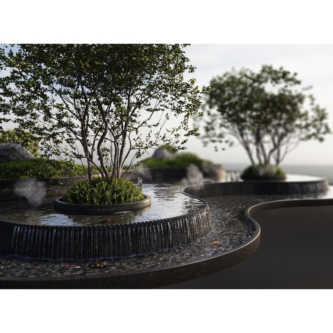 Landscaping Figure 3D Model – Waterfall Scene with Plants, FBX - View 10