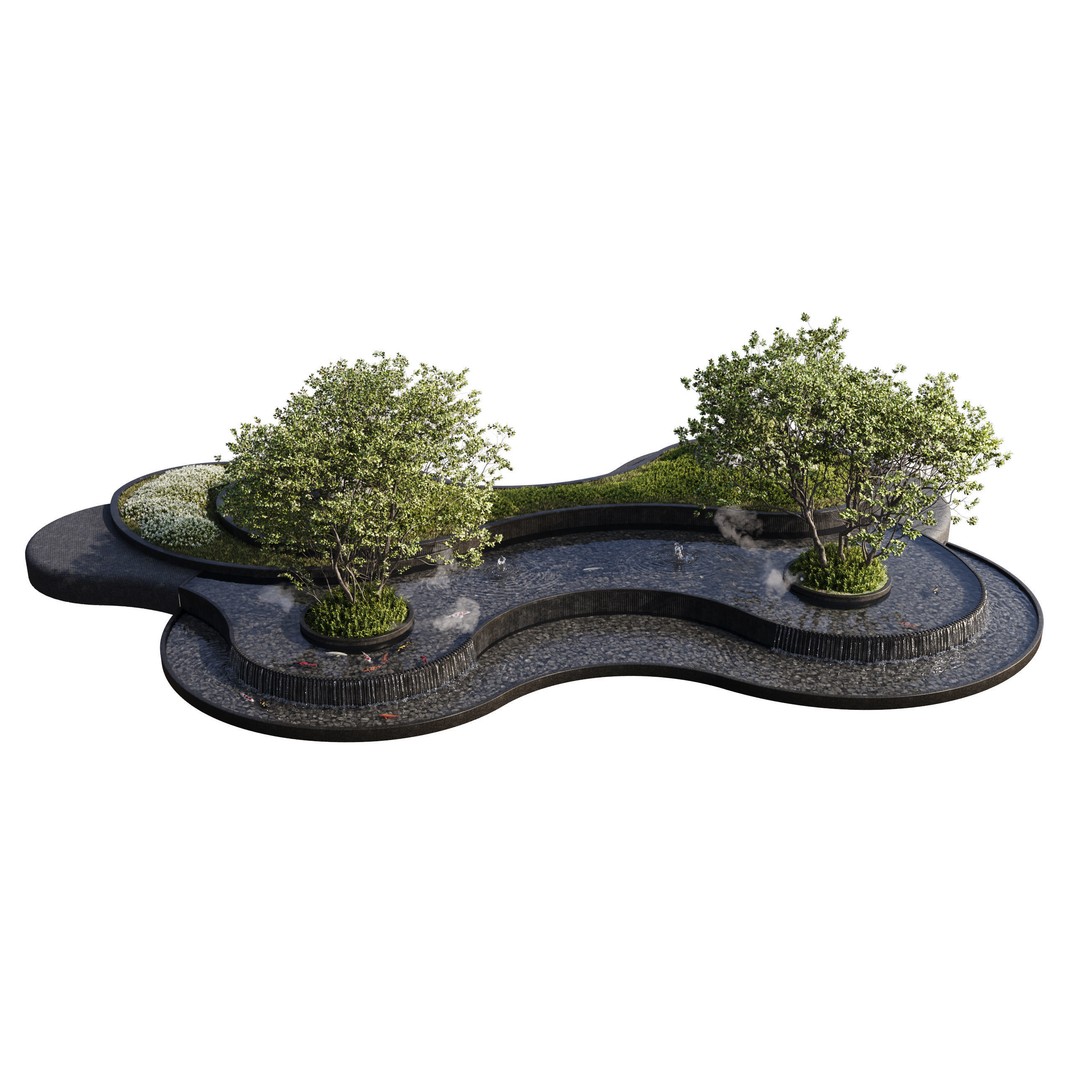 Landscaping Figure 3D Model – Waterfall Scene with Plants, FBX - View 11