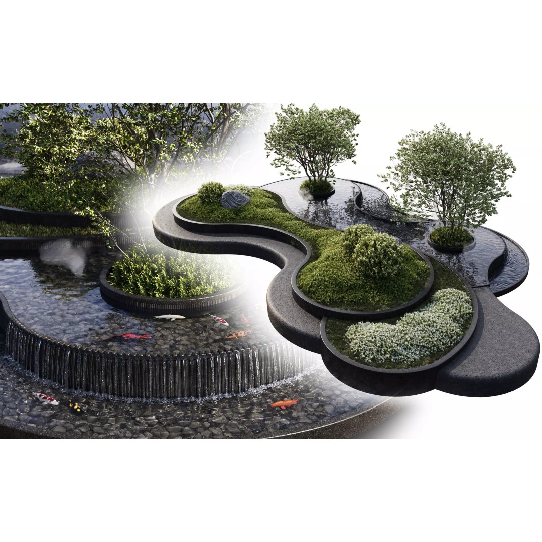 Landscaping Figure 3D Model – Waterfall Scene with Plants, FBX - View 2