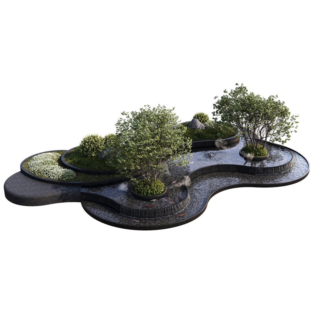 Landscaping Figure 3D Model – Waterfall Scene with Plants, FBX - View 3