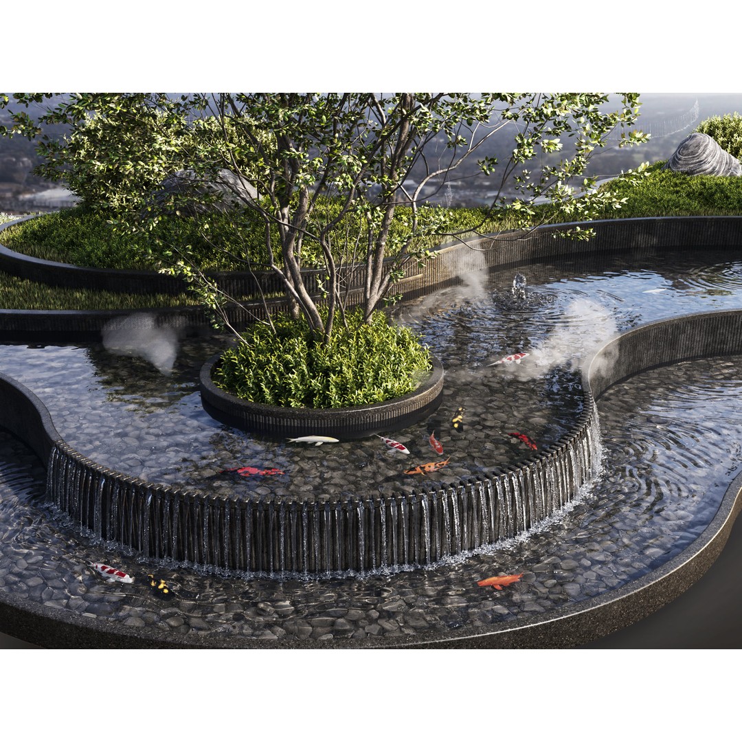 Landscaping Figure 3D Model – Waterfall Scene with Plants, FBX - View 4