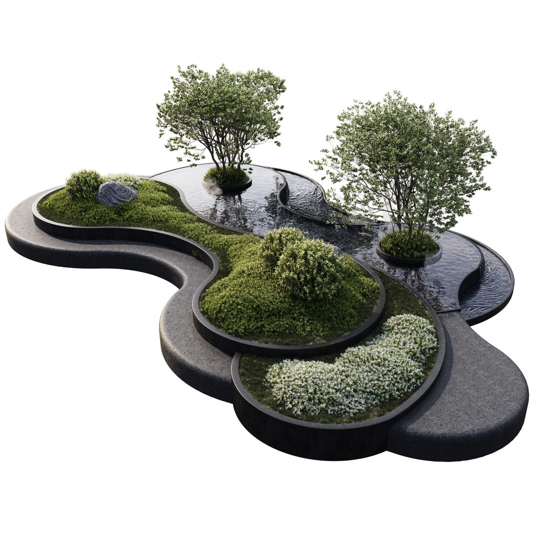Landscaping Figure 3D Model – Waterfall Scene with Plants, FBX - View 5