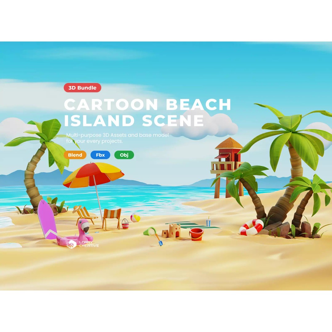 Summer Beach Props 3D Model – Cartoon Style, PBR Textures, FBX - View 2