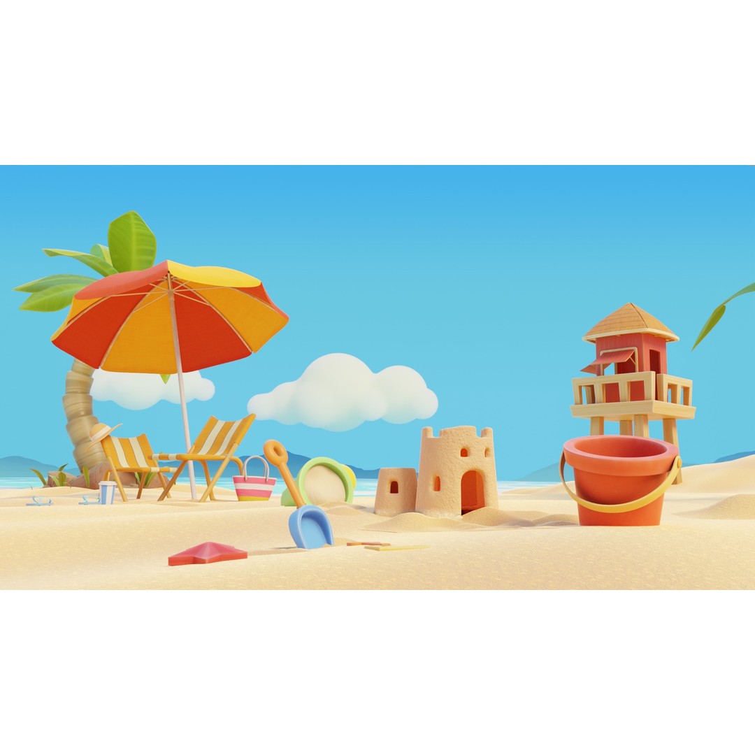 Summer Beach Props 3D Model – Cartoon Style, PBR Textures, FBX - View 3