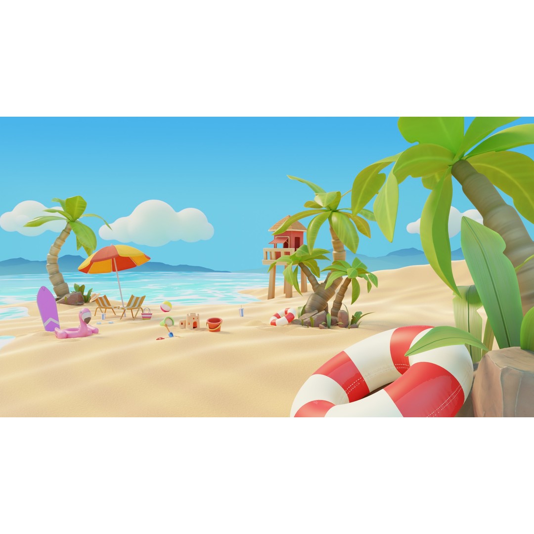 Summer Beach Props 3D Model – Cartoon Style, PBR Textures, FBX - View 6