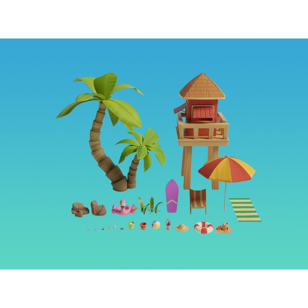 Summer Beach Props 3D Model – Cartoon Style, PBR Textures, FBX - View 7