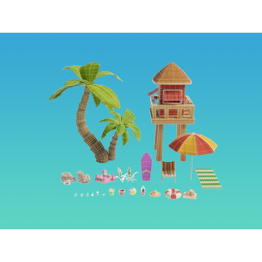 Summer Beach Props 3D Model – Cartoon Style, PBR Textures, FBX - View 8