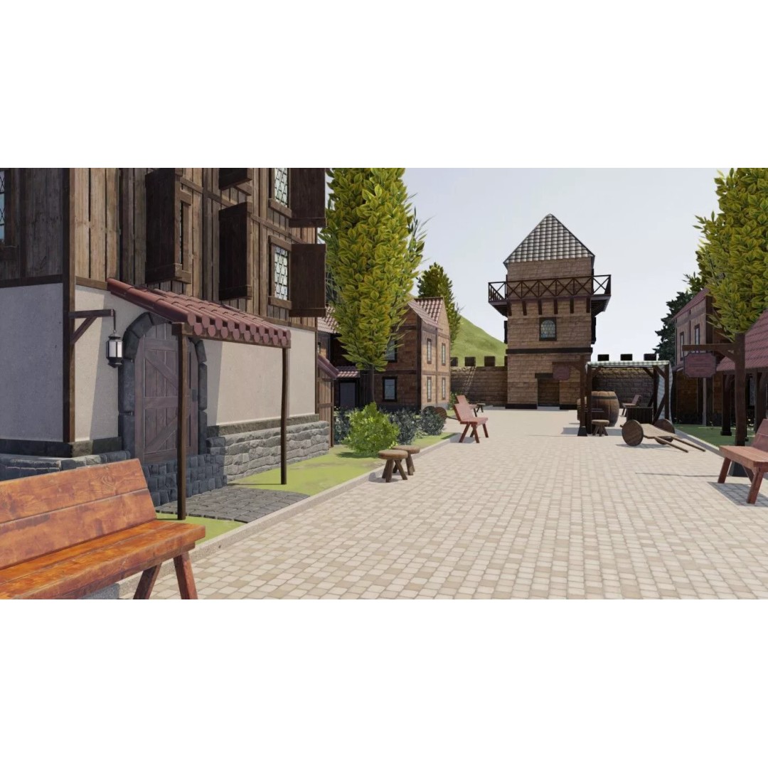Walled Medieval Town 3D Model – Stylized Environment, FBX, Game-Ready