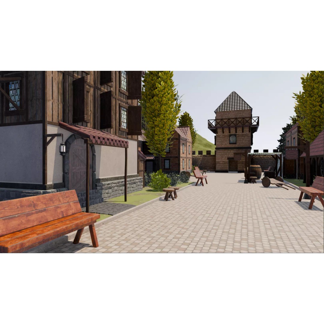 Walled Medieval Town 3D Model – Stylized Environment, FBX, Game-Ready - View 6