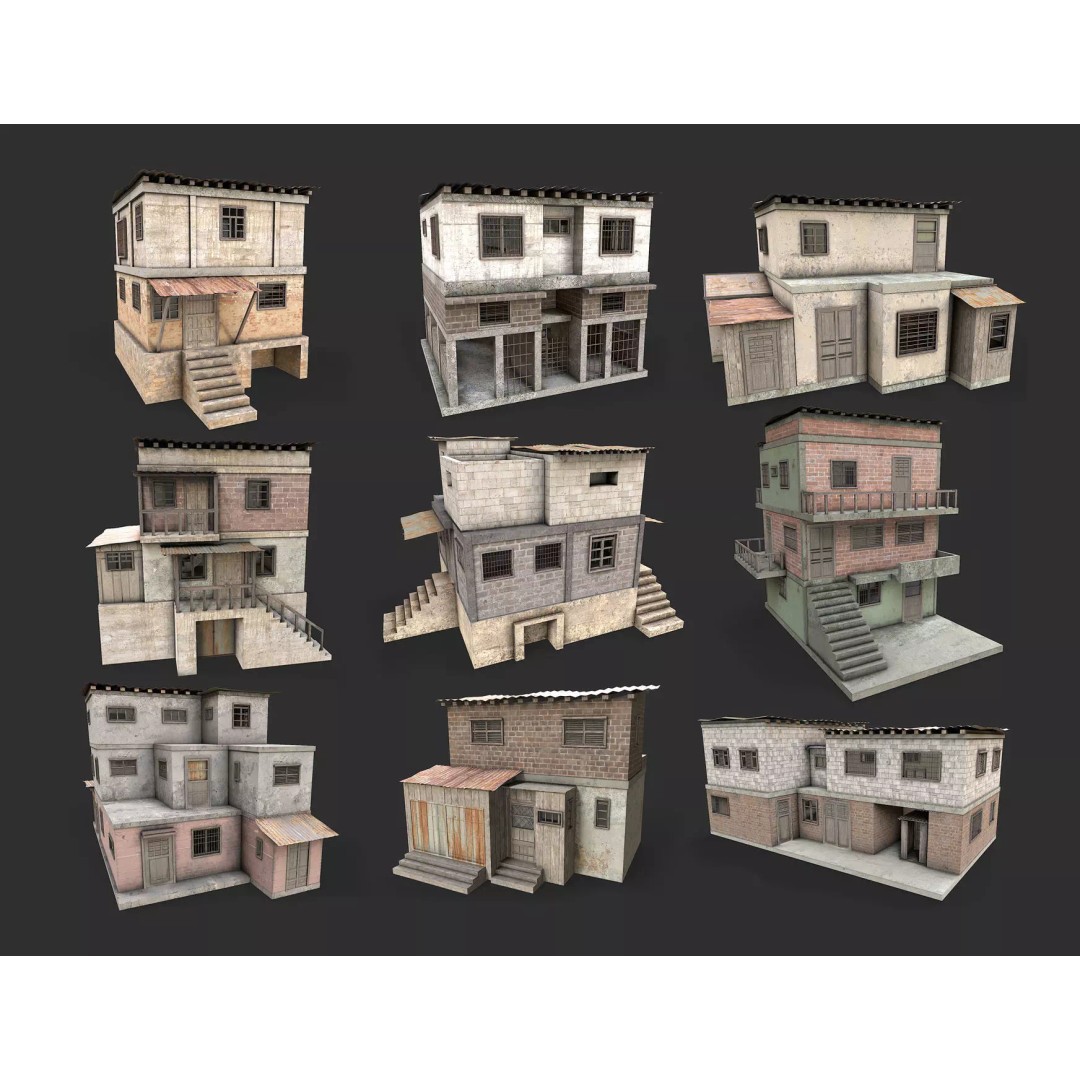 Favela Slum City Houses 3D Model – Low Poly Game Asset, FBX, OBJ - View 3