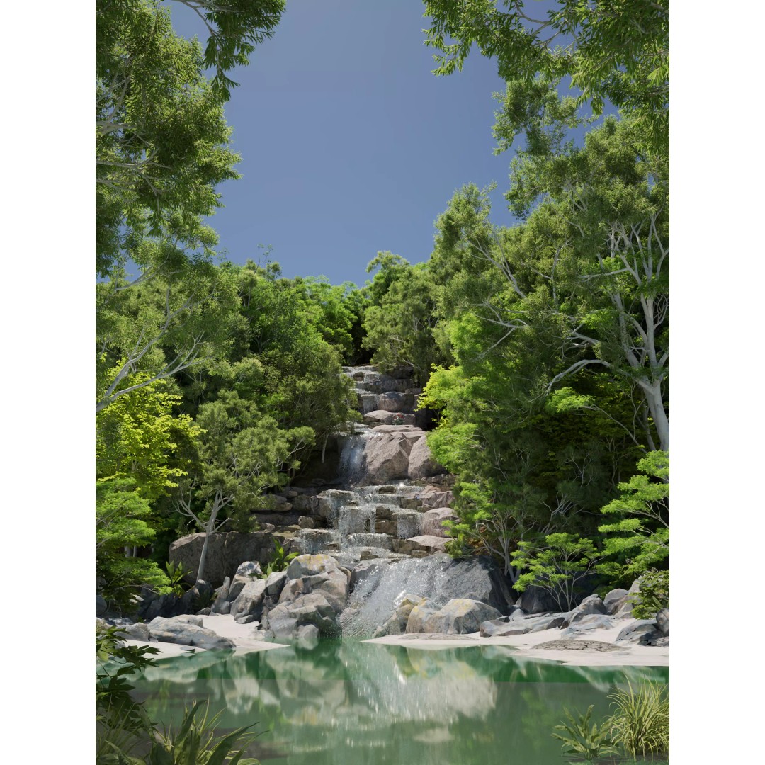Waterfall Scene 3D Model – Low Poly Landscape Asset, FBX/OBJ - View 2