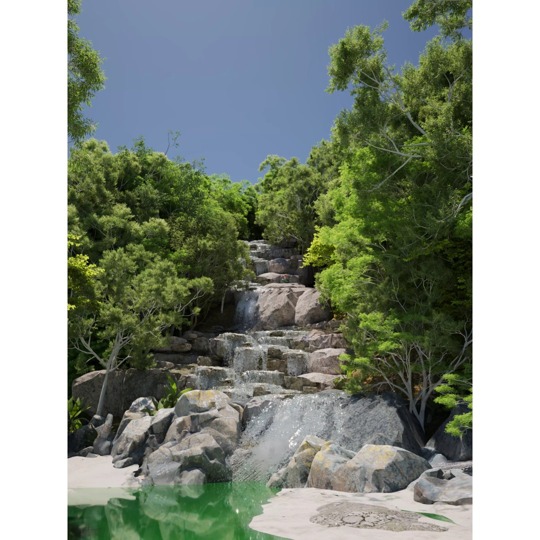 Waterfall Scene 3D Model – Low Poly Landscape Asset, FBX/OBJ - View 3