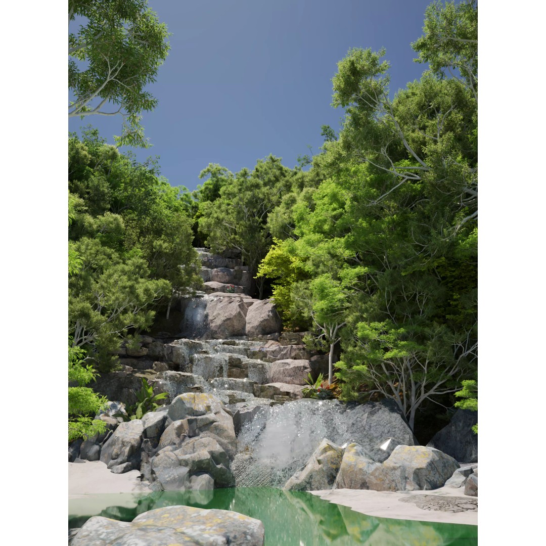 Waterfall Scene 3D Model – Low Poly Landscape Asset, FBX/OBJ - View 4