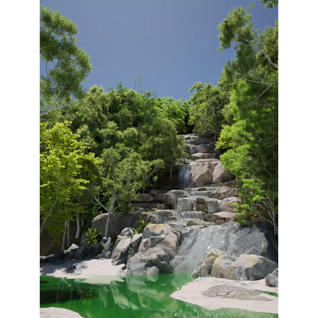 Waterfall Scene 3D Model – Low Poly Landscape Asset, FBX/OBJ - View 5