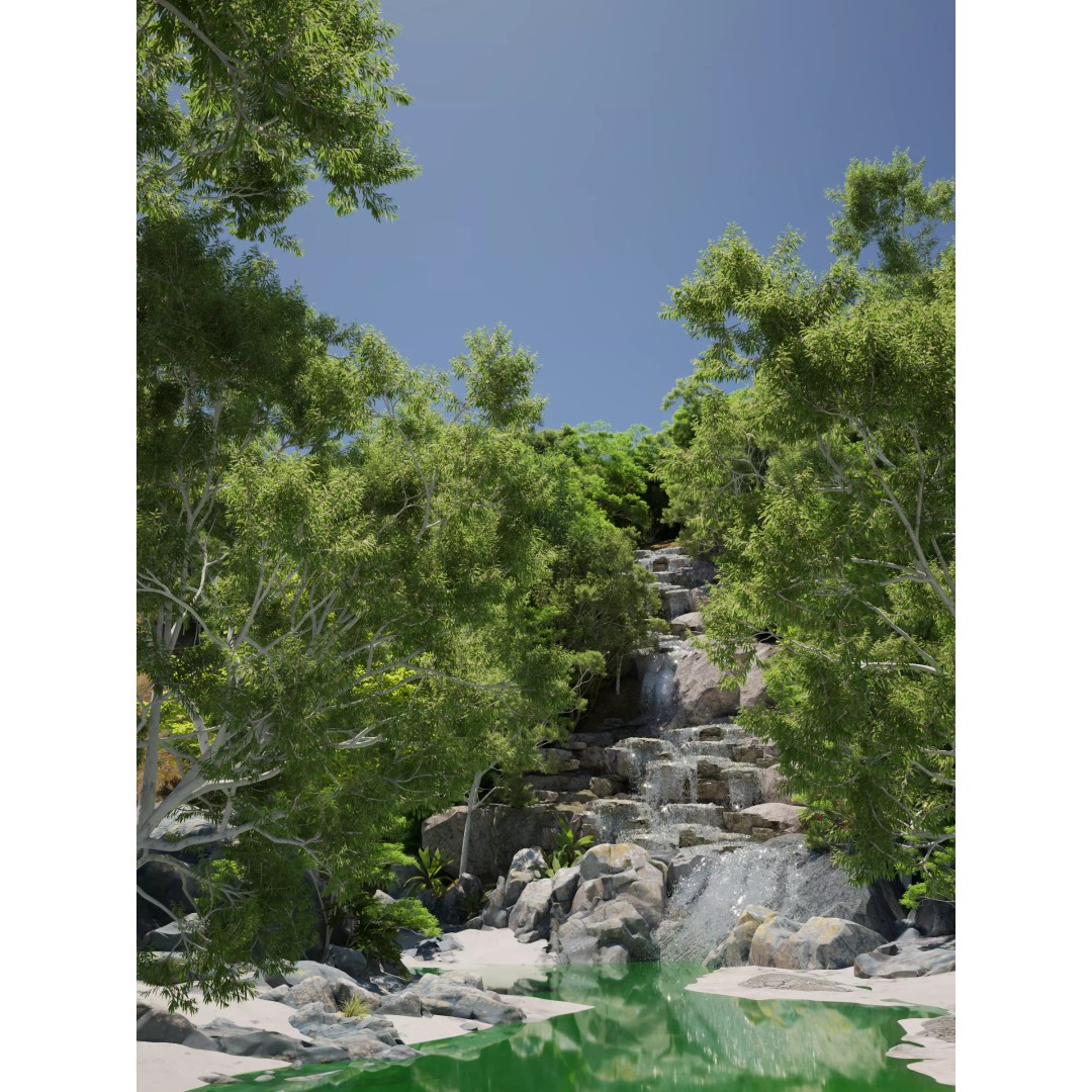 Waterfall Scene 3D Model – Low Poly Landscape Asset, FBX/OBJ - View 6