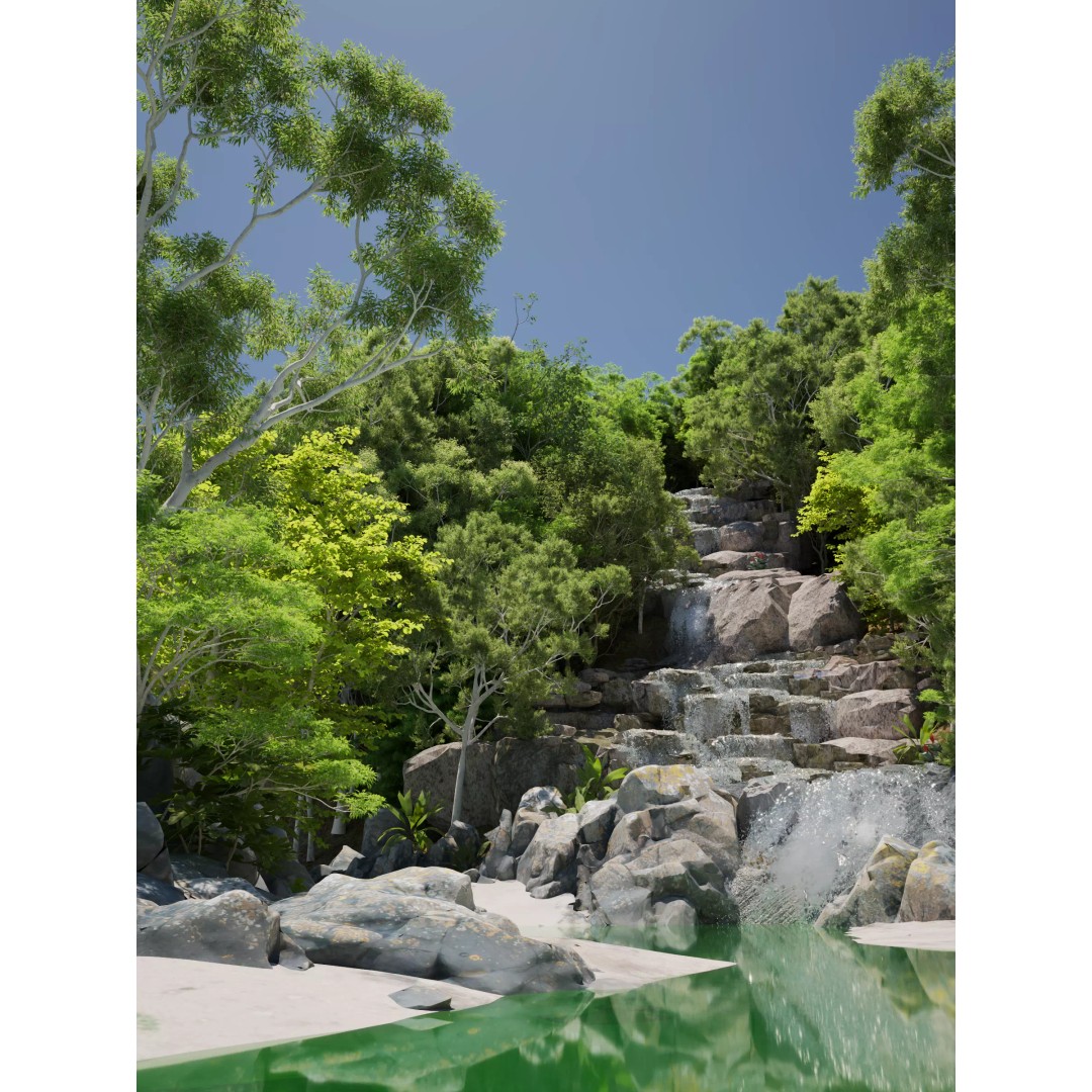 Waterfall Scene 3D Model – Low Poly Landscape Asset, FBX/OBJ - View 7