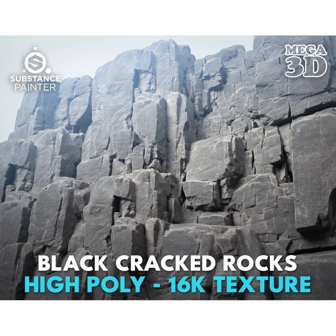 High Poly Black Cracked Cliff 3D Model – Realistic Game Asset, PBR Textures - View 2