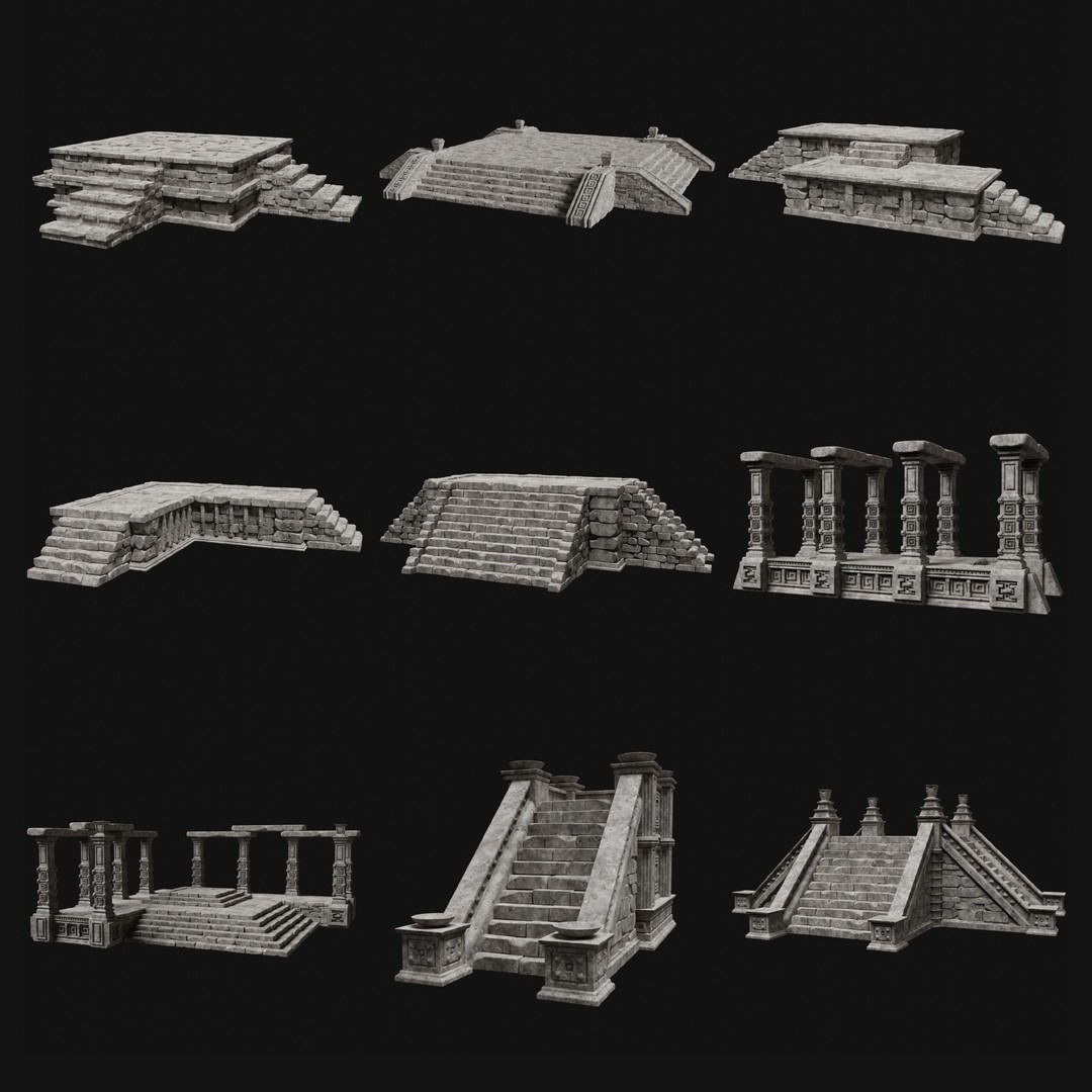 Aztec Stone Platform Stairs 3D Model – Low Poly Game Asset, FBX & OBJ