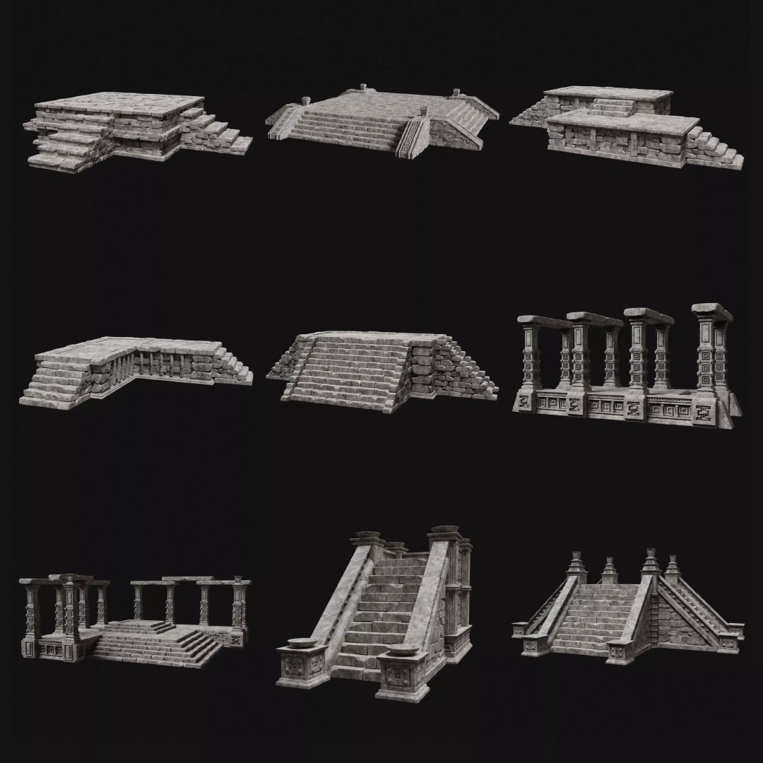 Aztec Stone Platform Stairs 3D Model – Low Poly Game Asset, FBX & OBJ - View 2