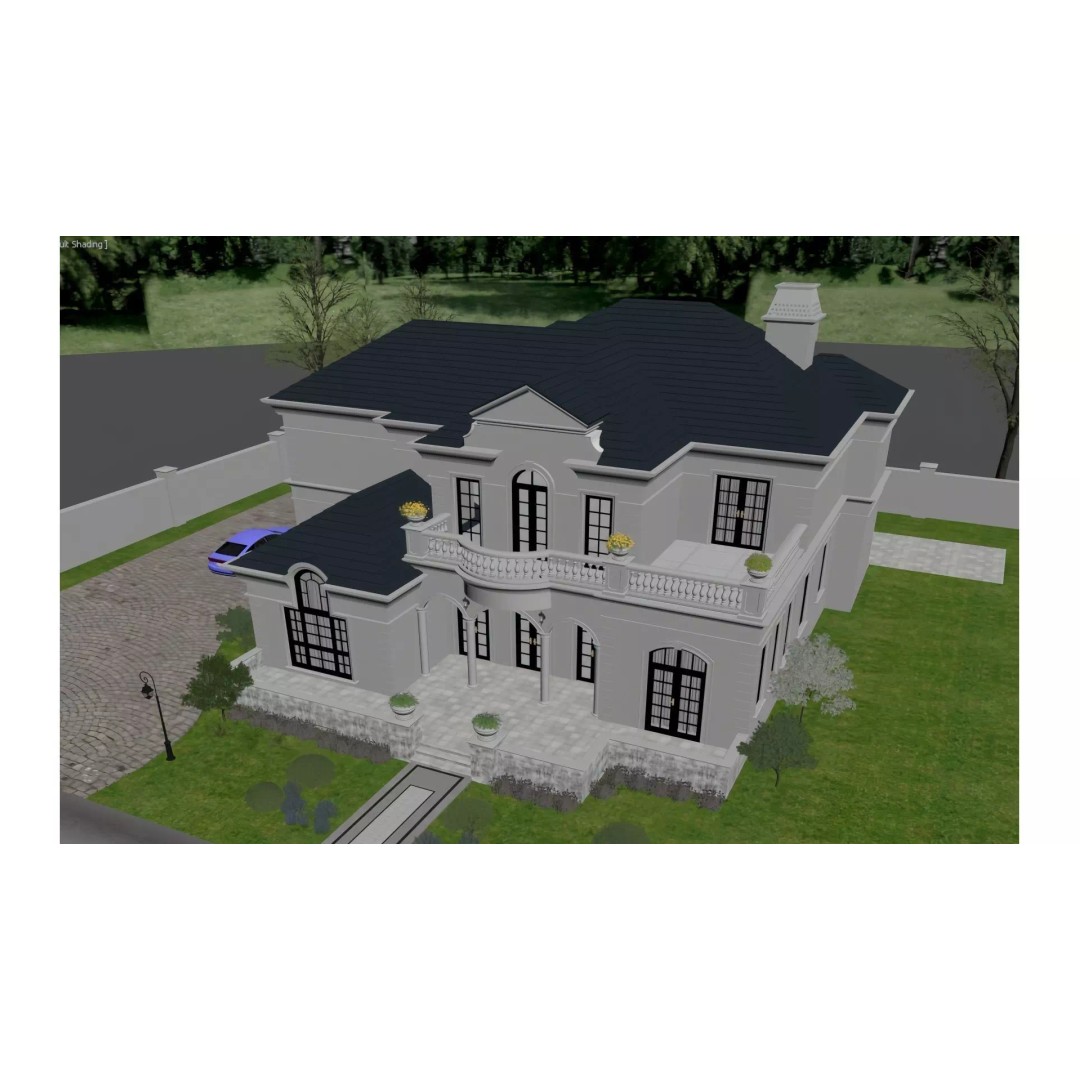 French Villa 3D Model – Elegant Two-Story Design, FBX & OBJ - View 5