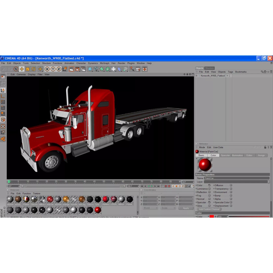 Kenworth W900 3D Model – Realistic Truck with Flatbed Trailer, FBX