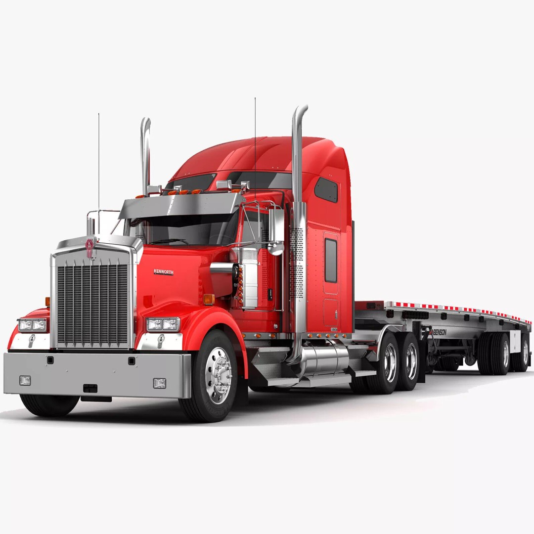 Kenworth W900 3D Model – Realistic Truck with Flatbed Trailer, FBX - View 2