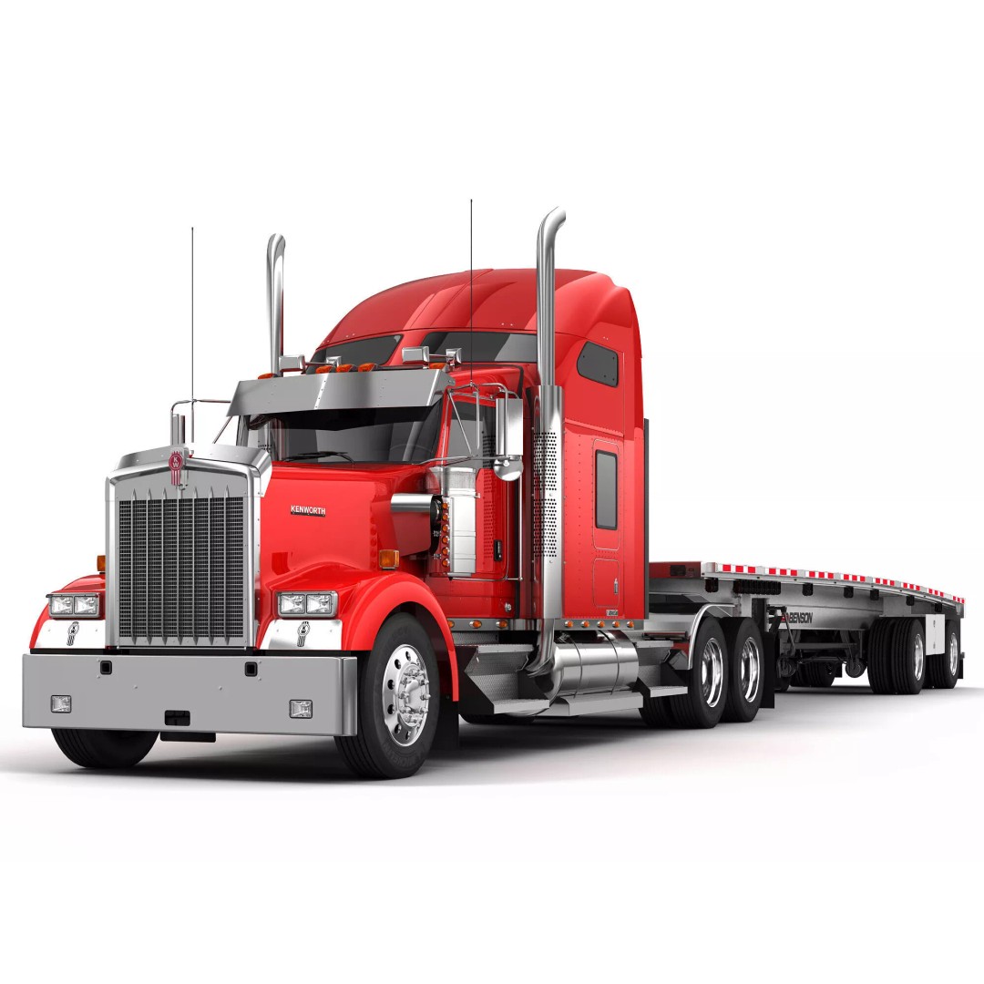 Kenworth W900 3D Model – Realistic Truck with Flatbed Trailer, FBX - View 3