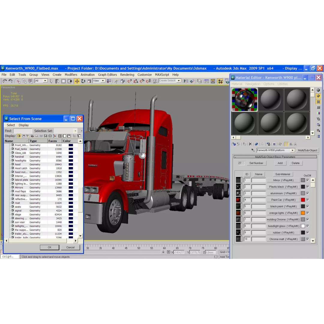 Kenworth W900 3D Model – Realistic Truck with Flatbed Trailer, FBX - View 34