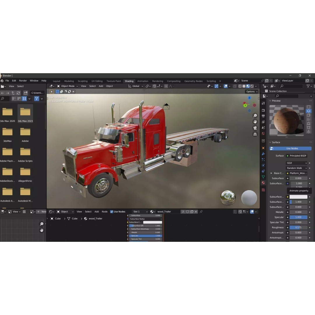 Kenworth W900 3D Model – Realistic Truck with Flatbed Trailer, FBX - View 7