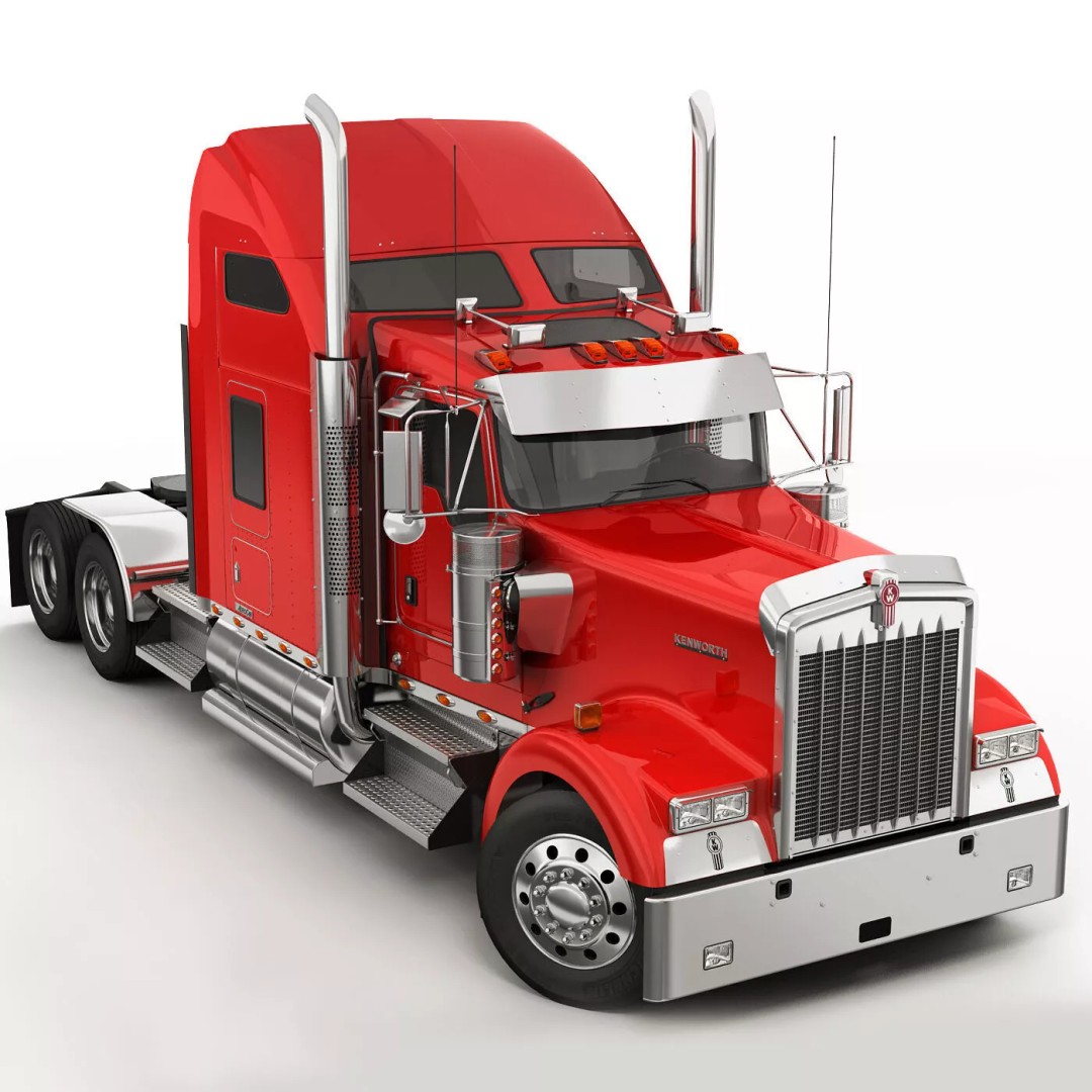 Kenworth W900 3D Model – Realistic Truck with Flatbed Trailer, FBX - View 8
