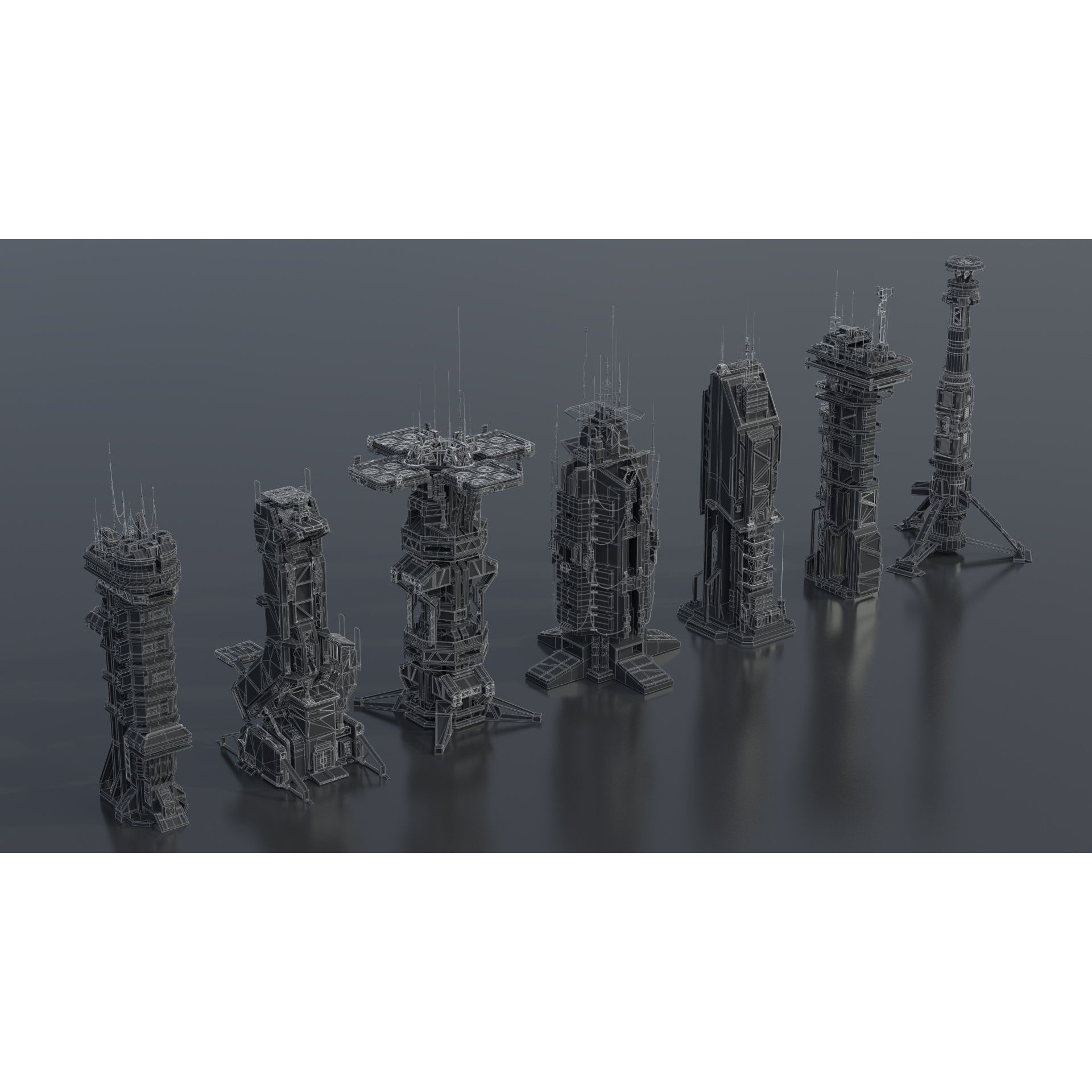 Sci-Fi Futuristic Military Buildings - Low-Poly 3D Model