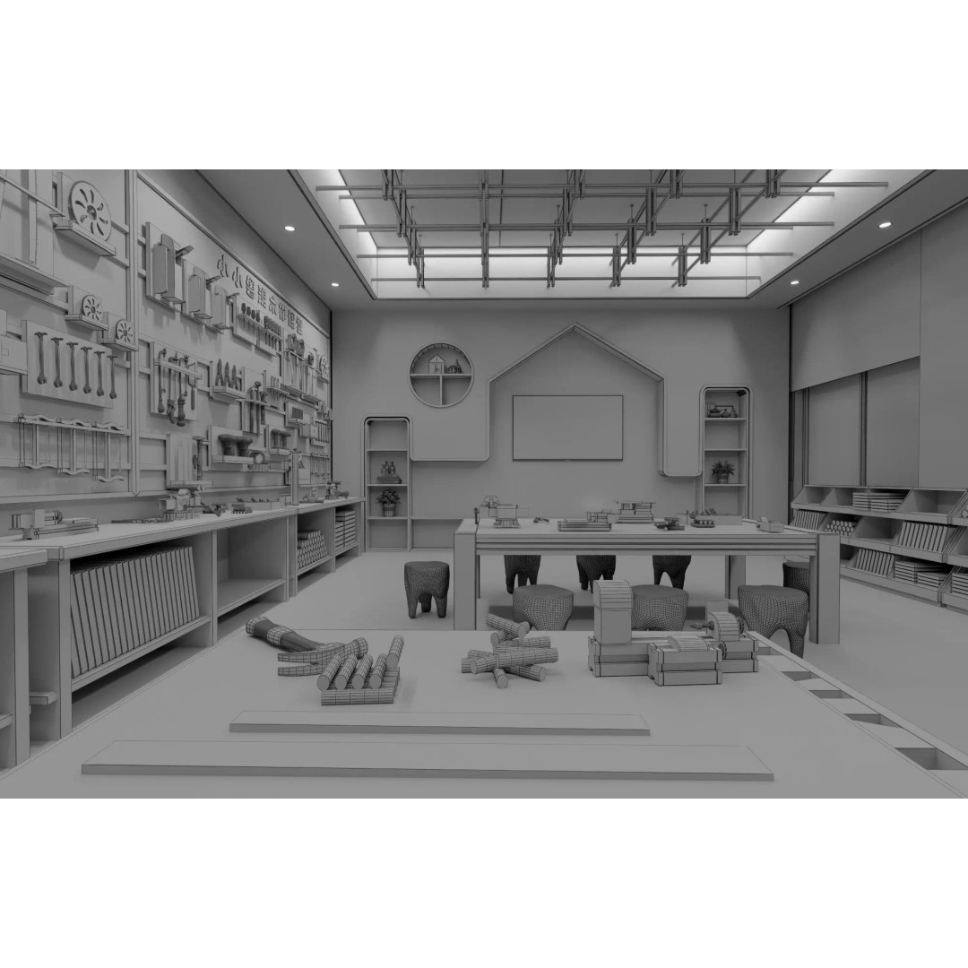 Kids Luban Woodworking Classroom 3D Model – Cozy Low-Poly Educational Space, FBX, OBJ - View 13