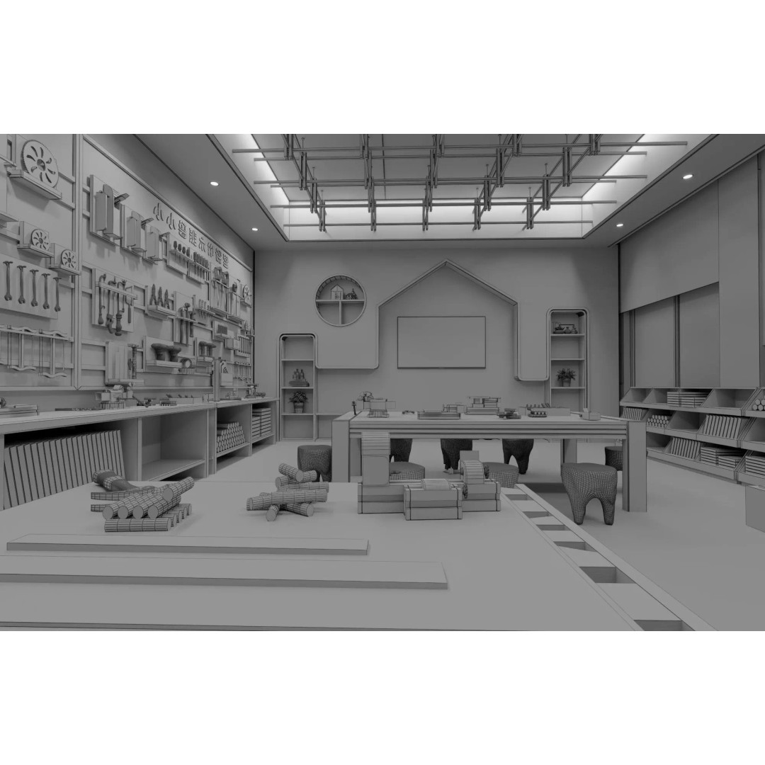 Kids Luban Woodworking Classroom 3D Model – Cozy Low-Poly Educational Space, FBX, OBJ - View 14