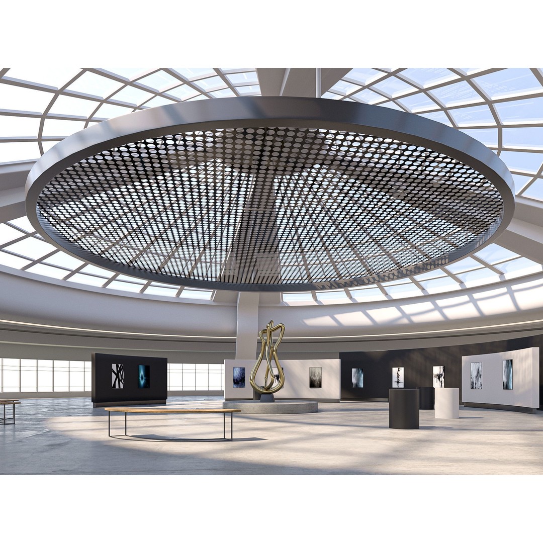 Curved Interior Space Hall 3D Model – Low Poly Gallery Asset, FBX - View 3