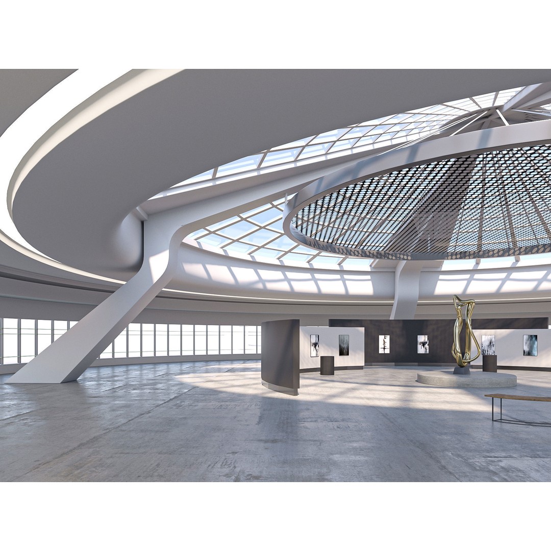 Curved Interior Space Hall 3D Model – Low Poly Gallery Asset, FBX - View 4