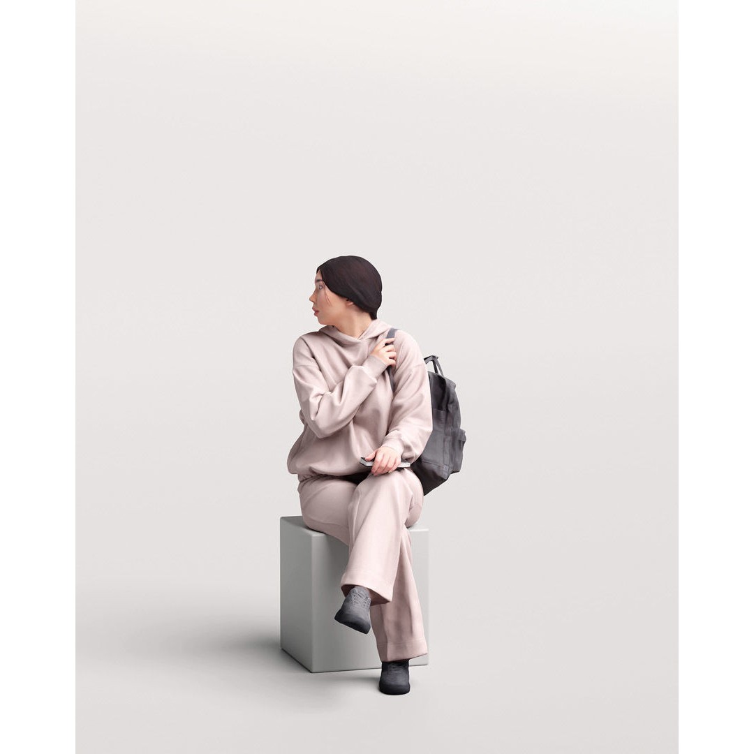 Humano Sitting Young Asian Girl 3D Model – Realistic PBR Character Asset - View 3