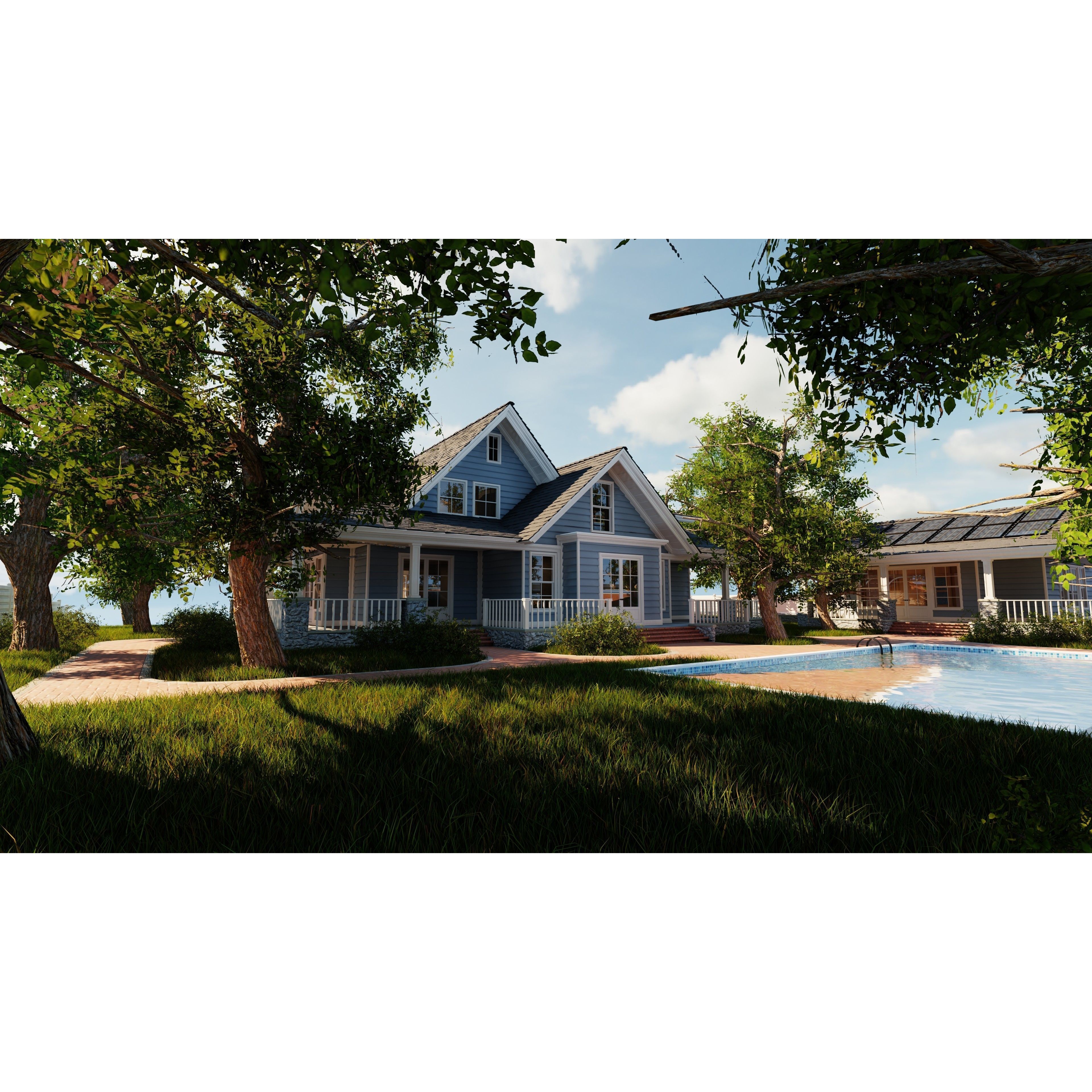 Classic Style Porch House - Low-Poly Game-Ready 3D Model - View 10