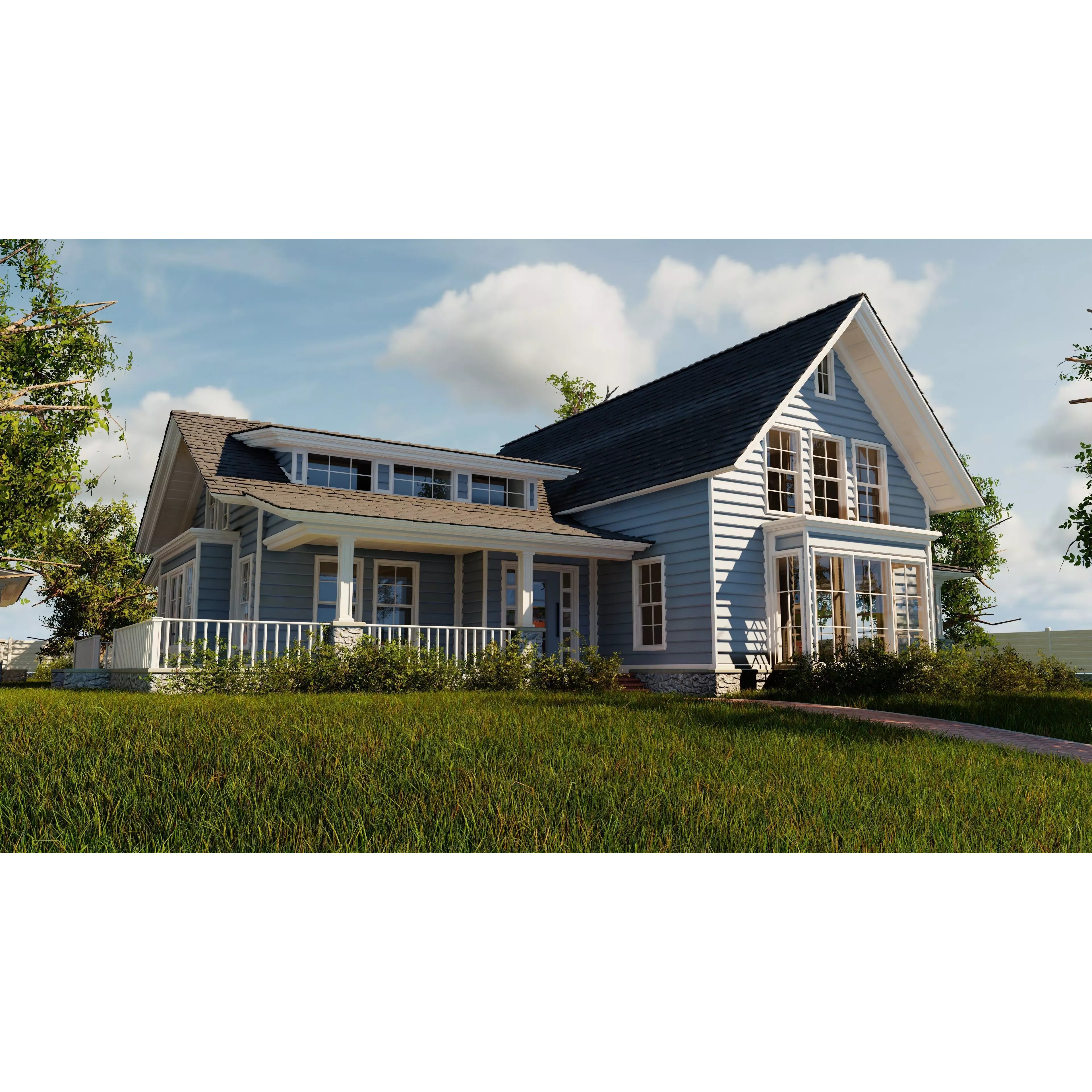 Classic Style Porch House - Low-Poly Game-Ready 3D Model - View 2