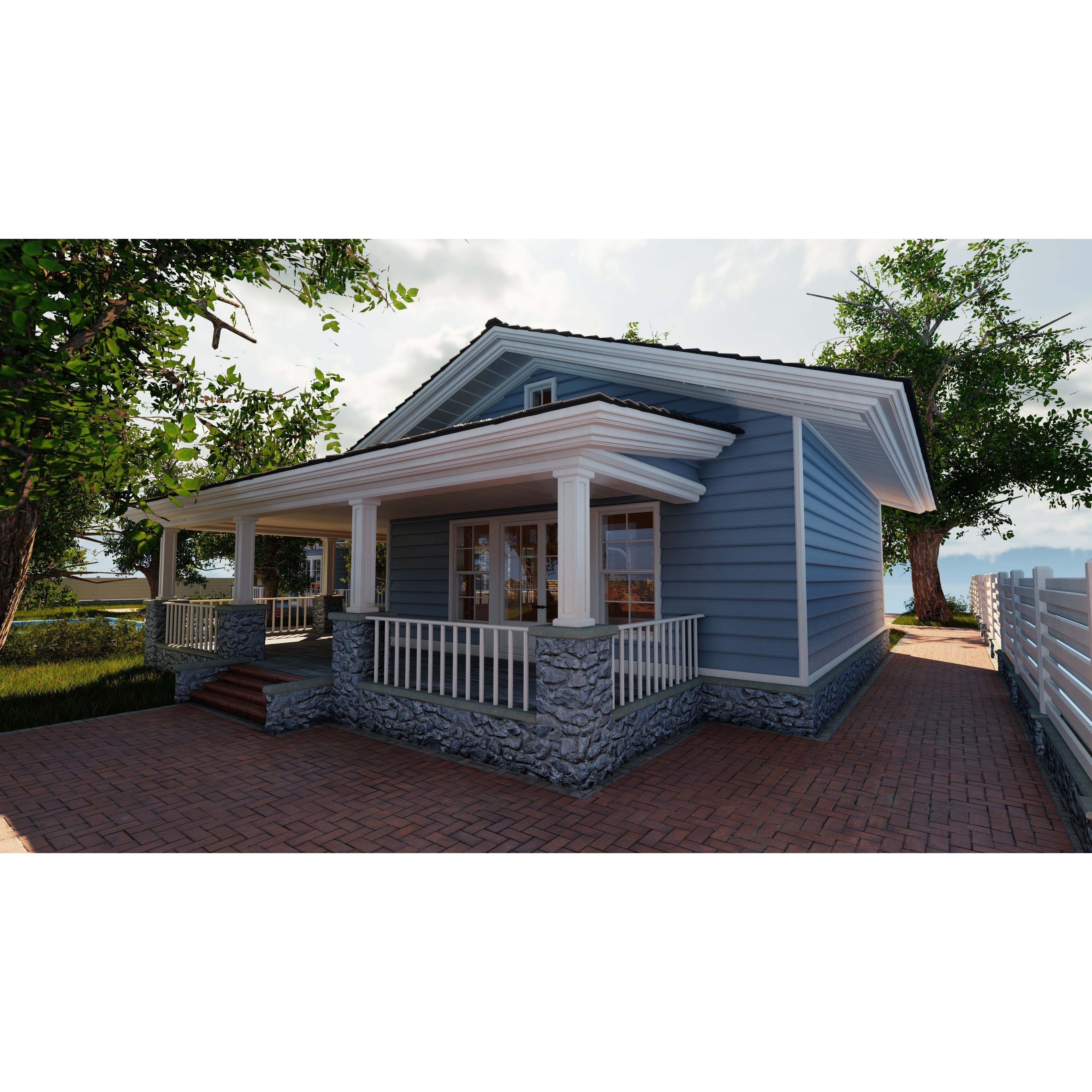 Classic Style Porch House - Low-Poly Game-Ready 3D Model - View 23