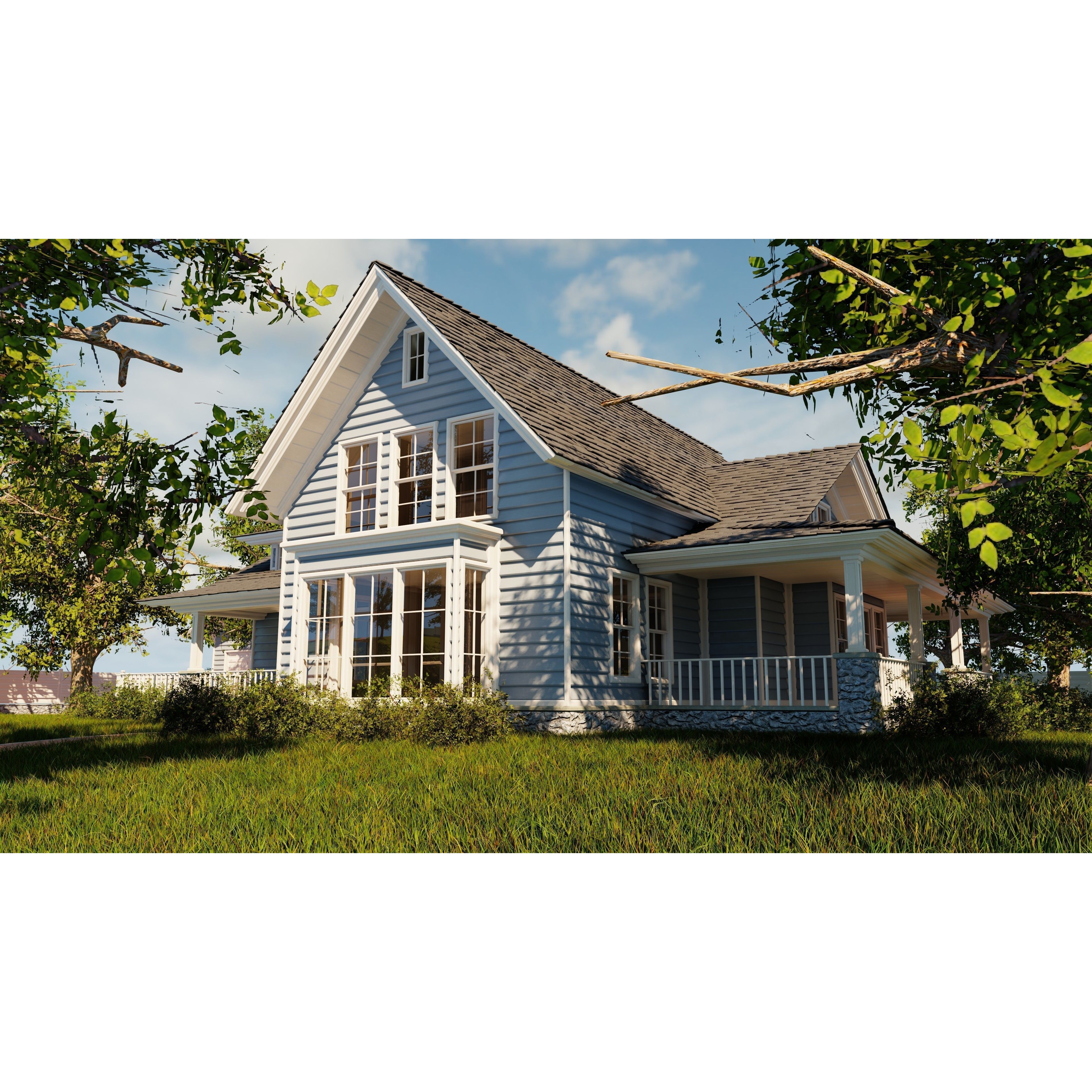 Classic Style Porch House - Low-Poly Game-Ready 3D Model - View 5