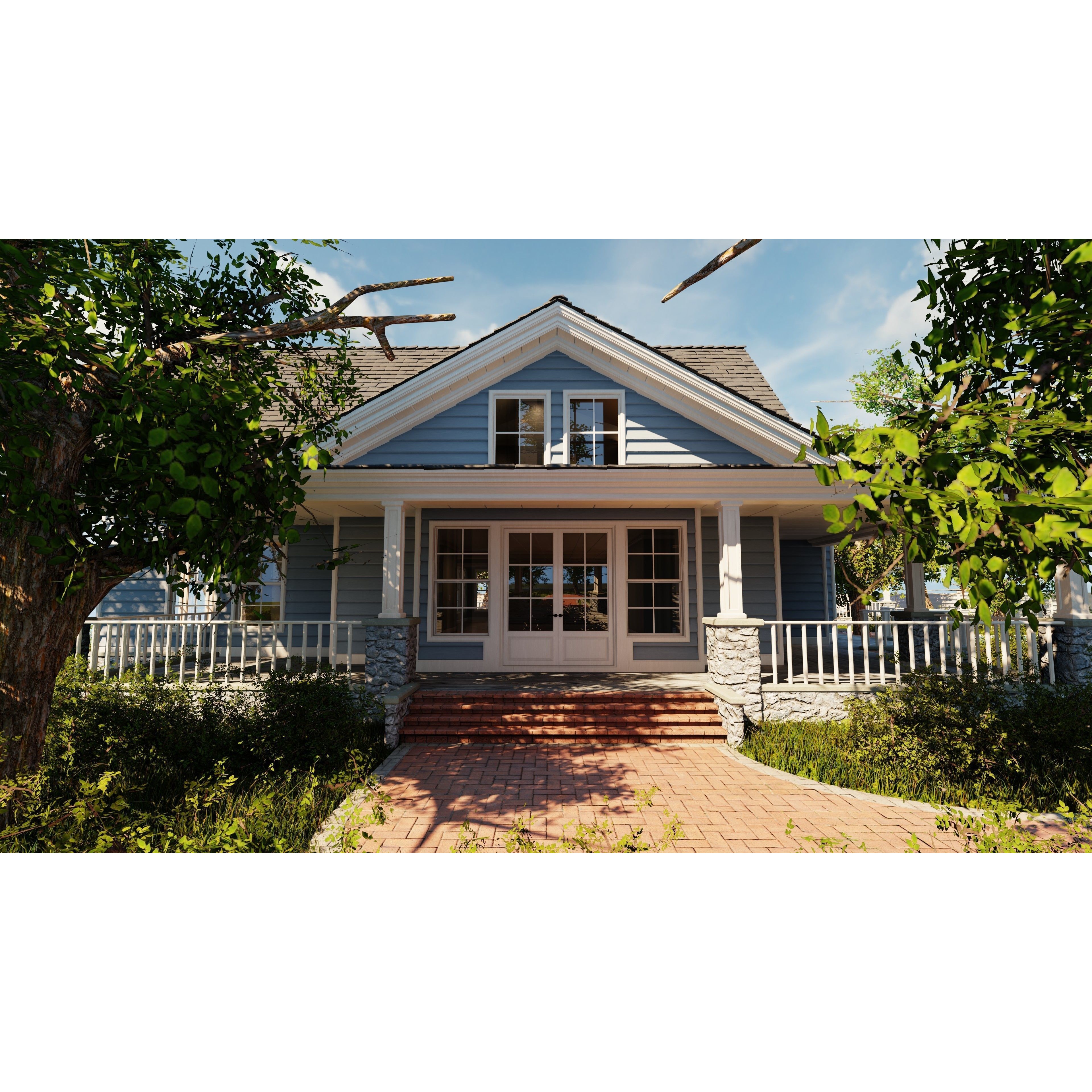 Classic Style Porch House - Low-Poly Game-Ready 3D Model - View 6