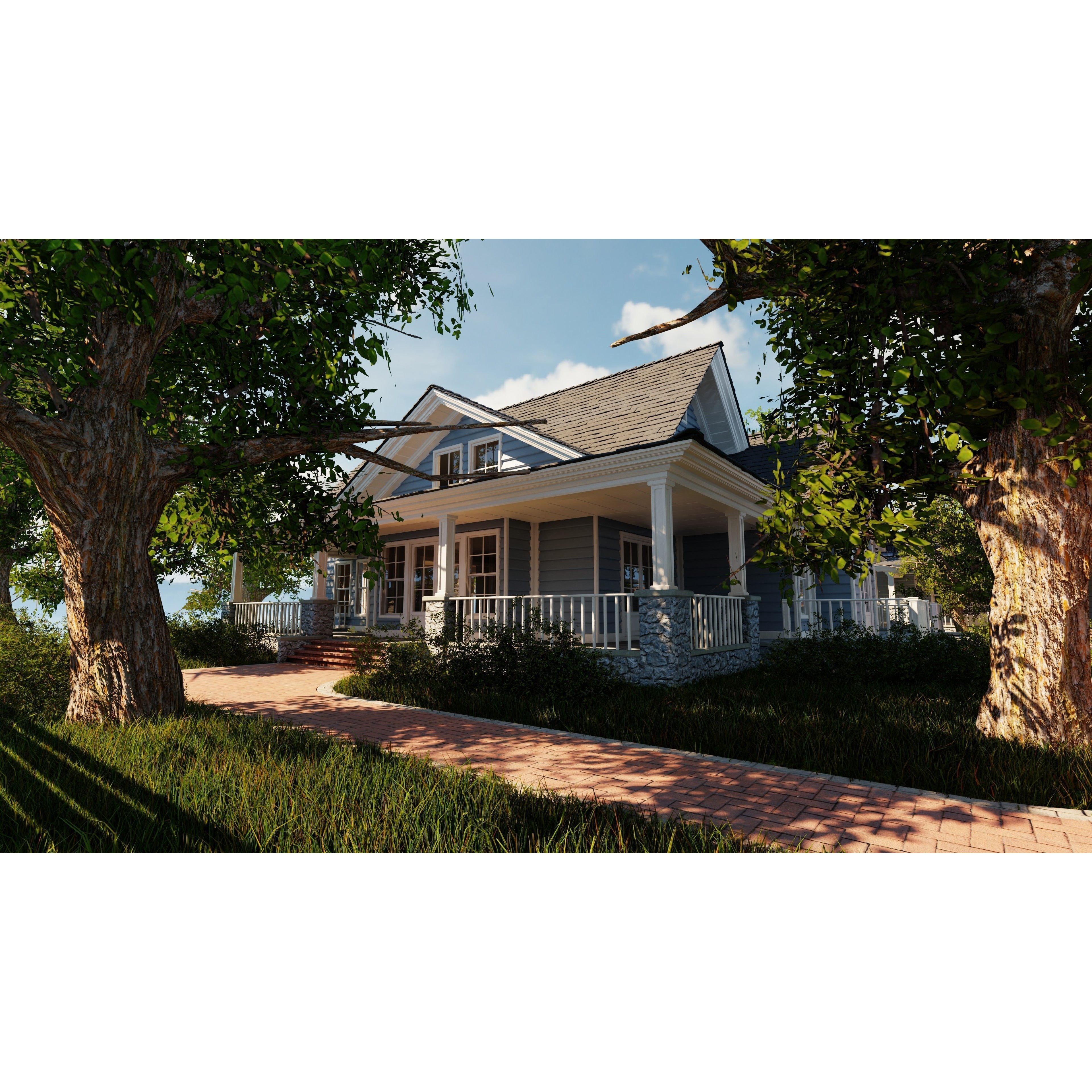 Classic Style Porch House - Low-Poly Game-Ready 3D Model - View 9
