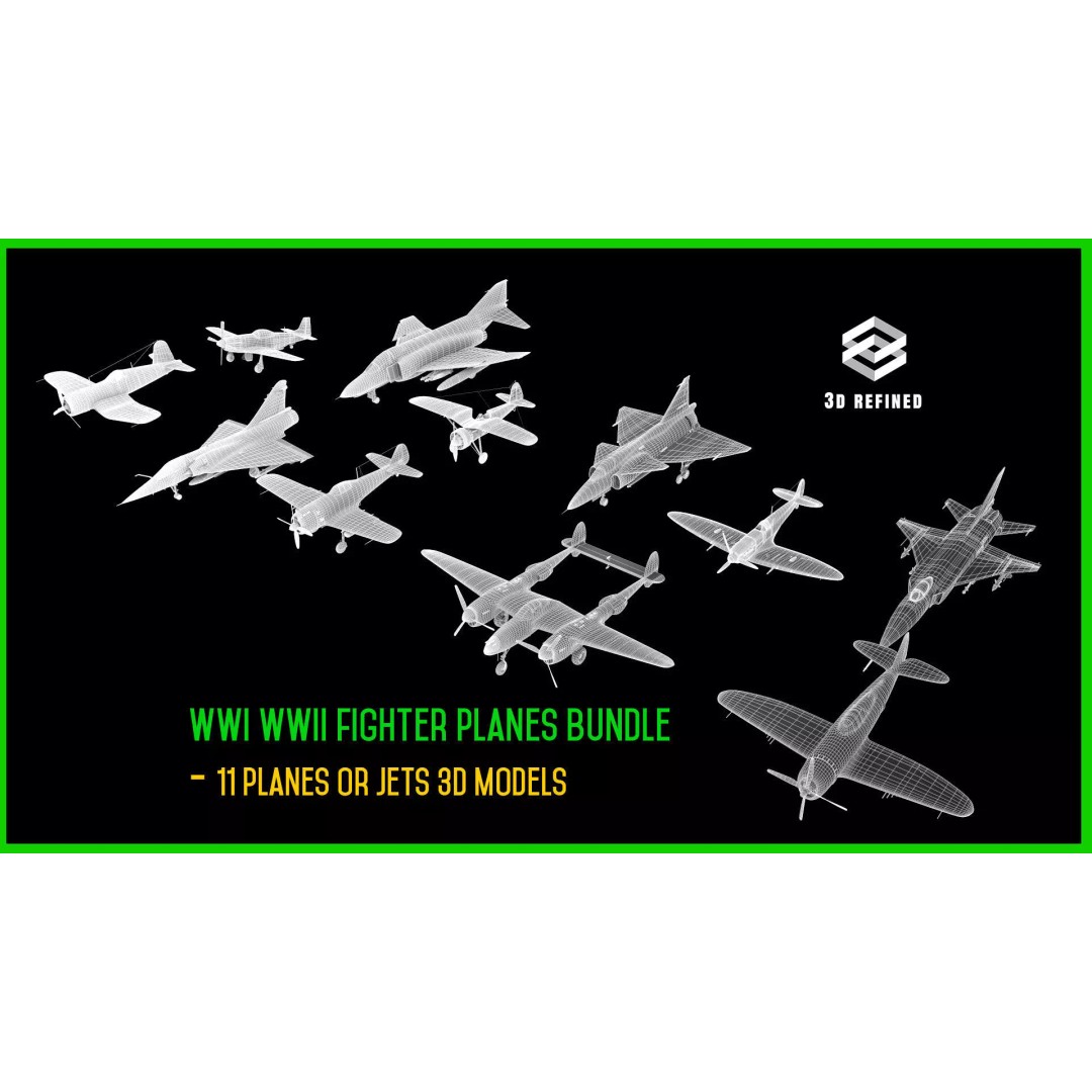 WWI WWII Fighter Planes Bundle 3D Model – Low Poly Game Asset, FBX, OBJ - View 2