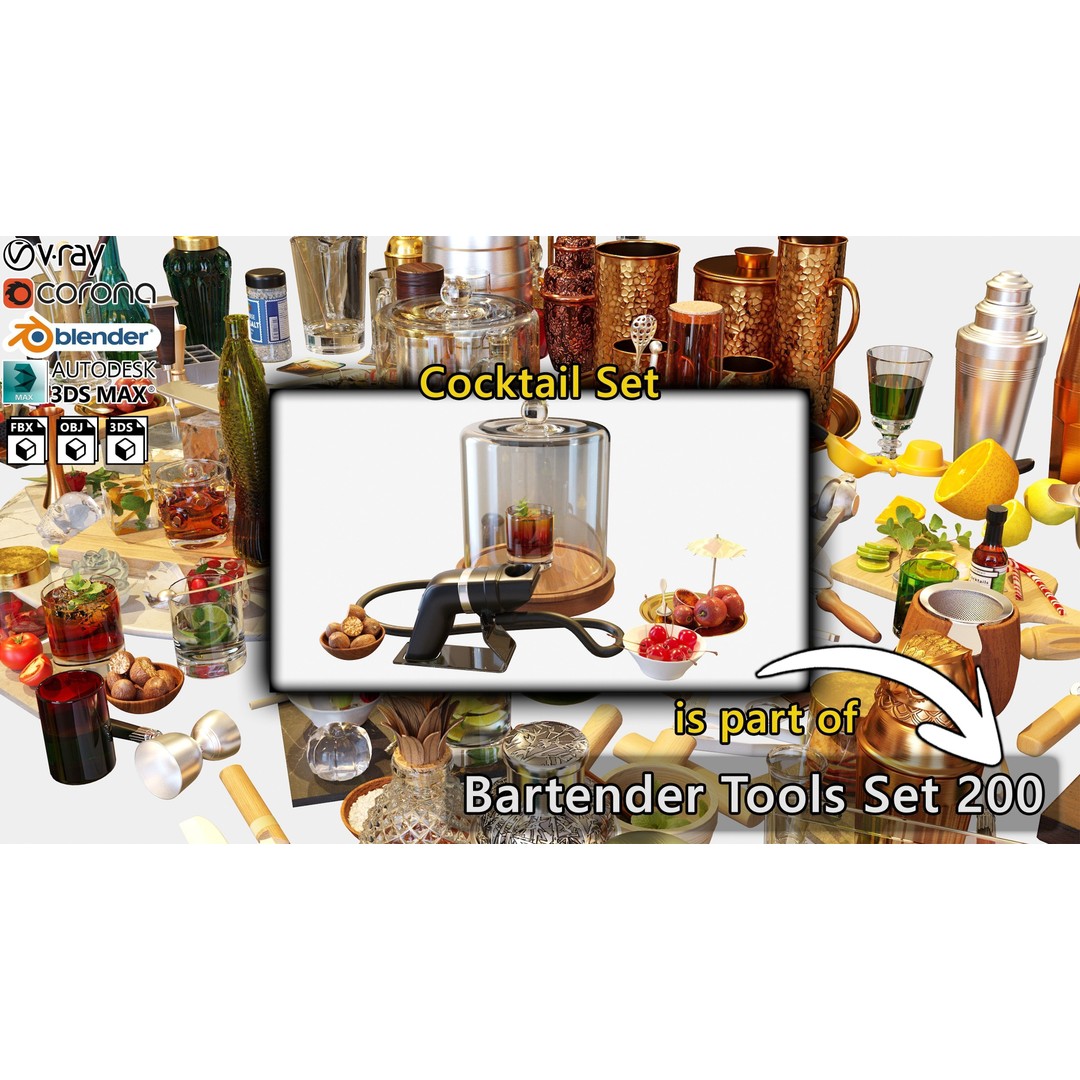 Bartender Tools Set 3D Model – Complete Cocktail Tools for Bars - View 3