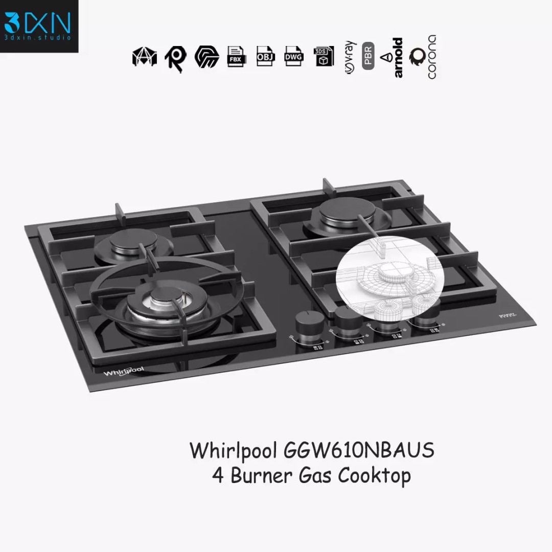Whirlpool GGW610NBAUS 3D Model – High Poly Gas Cooktop, PBR Textures - View 2