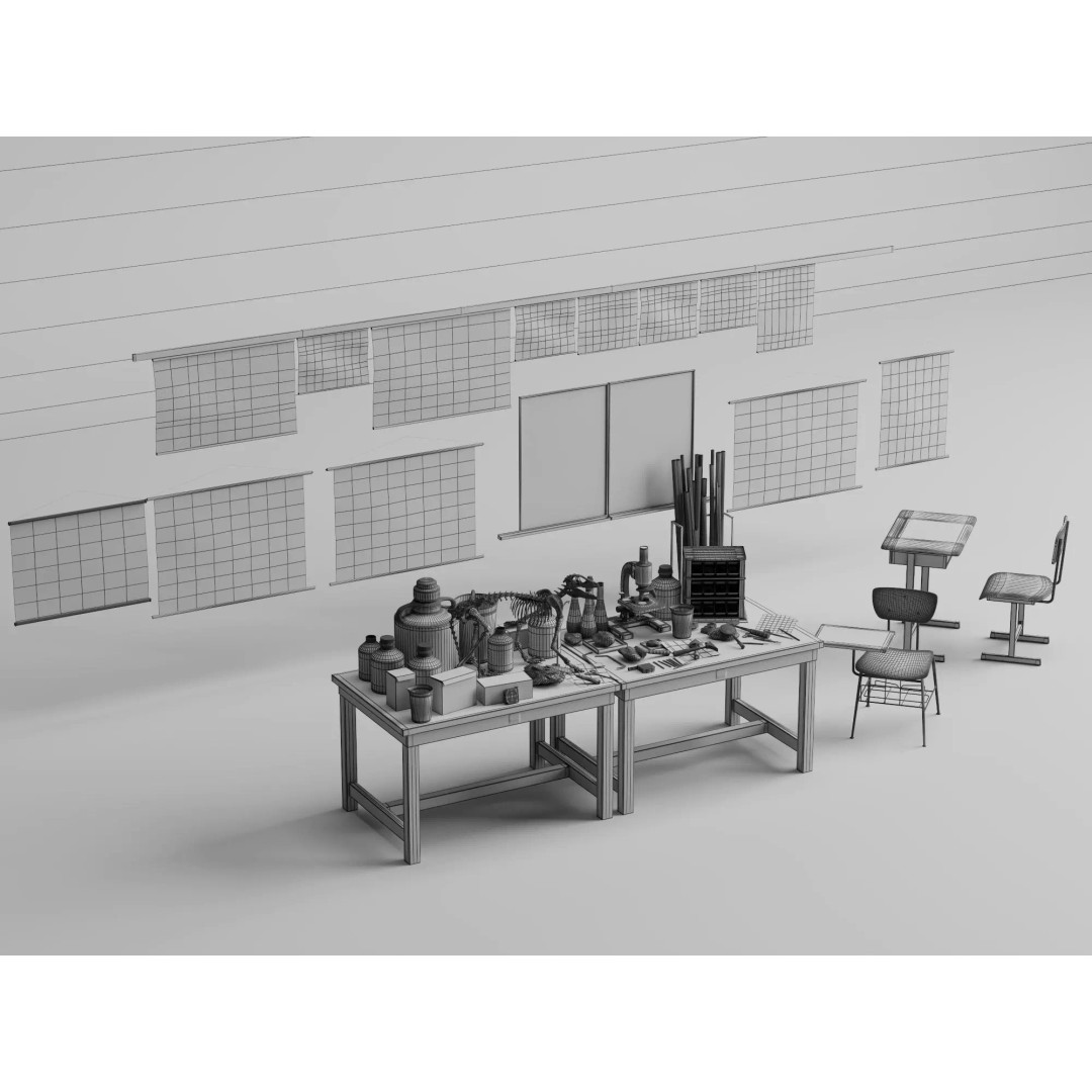 Vintage Science Lab 3D Model – Low Poly Classroom Props, FBX/OBJ